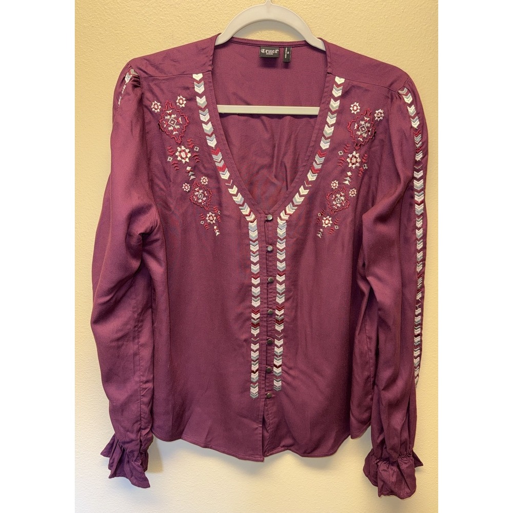 Cruel Denim Women's Top Burgundy Long Sleeve Embroidered Western Rodeo Medium